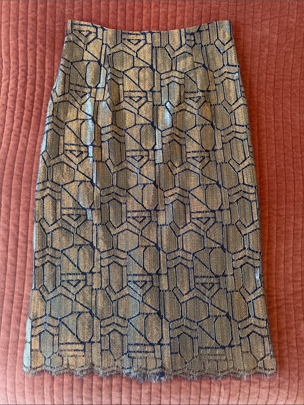 J. CREW COLLECTION Deco Skirt in Metallic French Lace (Gold & Navy)